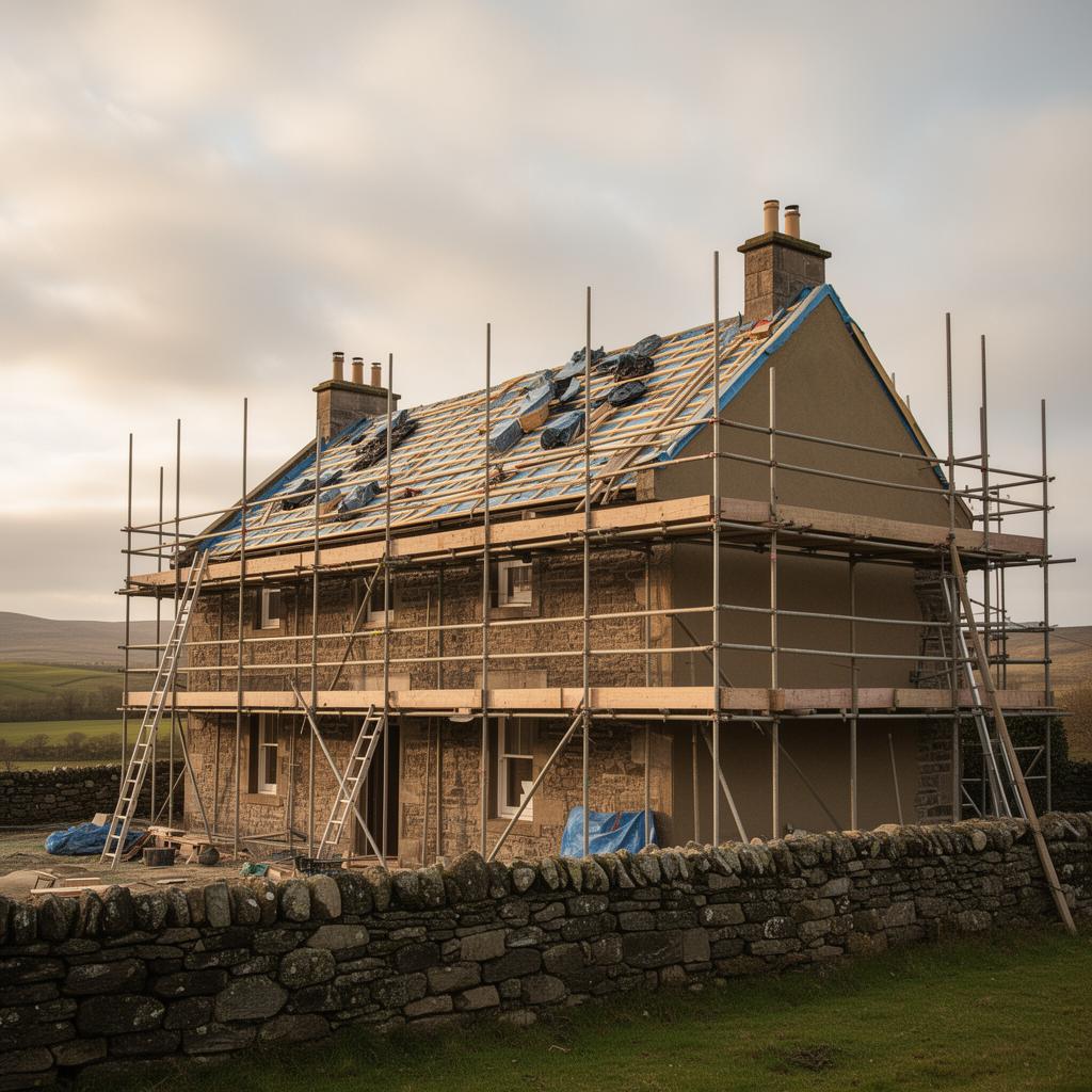 Scaffolded Scottish stone home during a professional roofing project